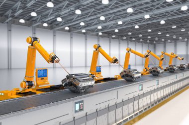 Otomotiv otomobil fabrikası konsepti. Otomobil motorlu veya makineli 3 boyutlu robot montaj hattı.