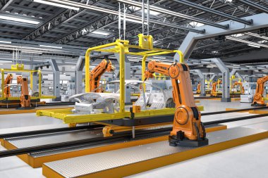 3 boyutlu robot montaj hattına sahip otomobil fabrikası her arabayı üretiyor