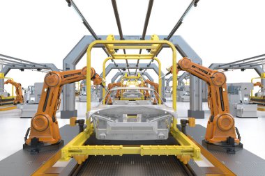 3 boyutlu robot montaj hattına sahip otomobil fabrikası her arabayı üretiyor