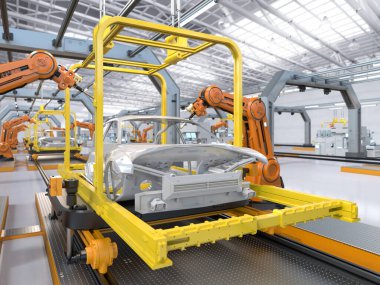 3 boyutlu robot montaj hattına sahip otomobil fabrikası her arabayı üretiyor