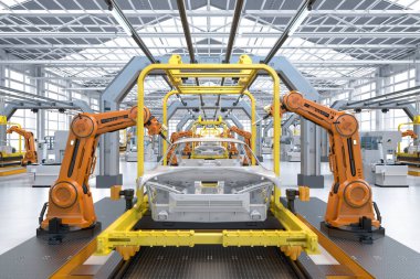 3 boyutlu robot montaj hattına sahip otomobil fabrikası her arabayı üretiyor