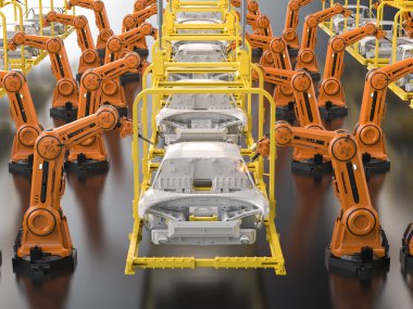 3 boyutlu robot montaj hattına sahip otomobil fabrikası her arabayı üretiyor