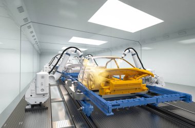 Otomobil fabrikası, otomobil fabrikasında 3 boyutlu robot boyası.