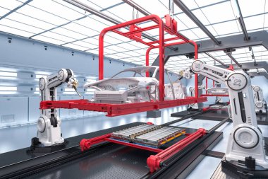 3 boyutlu robot montaj hattına sahip otomobil fabrikası her arabayı üretiyor