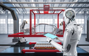 Otomobil fabrikası konsepti ve otomobil fabrikasında 3 boyutlu robot üretim hattı.