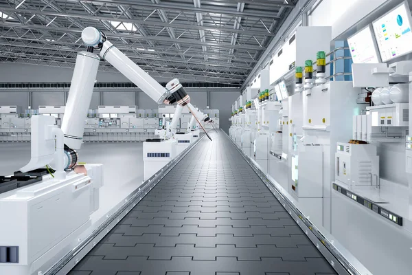 Concetto Industriale Automazione Con Linea Assemblaggio Robot Rendering Nastro Trasportatore — Foto Stock