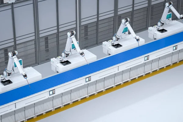 3Dレンダリングロボットアセンブリラインと工場内の空のコンベヤベルトによるオートメーション業界のコンセプト — ストック写真