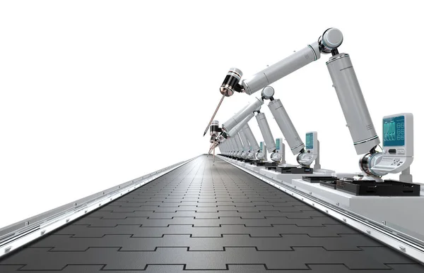 Концепція Індустрії Автоматизації Візуалізацією Роботів Порожнім Конвеєрним Поясом Заводі — стокове фото