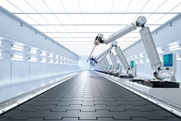 Концепція Індустрії Автоматизації Візуалізацією Роботів Порожнім Конвеєрним Поясом Заводі — стокове фото