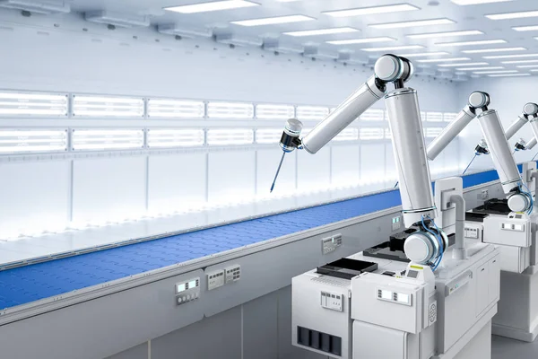 Concetto Industriale Automazione Con Linea Assemblaggio Robot Rendering Nastro Trasportatore — Foto Stock