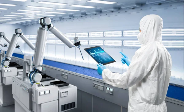 Linea Assemblaggio Robot Rendering Controllo Tecnico Ingegnere Fabbrica Con Tablet — Foto Stock