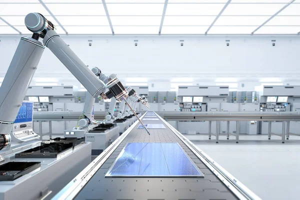 Автоматизація Промисловості Візуалізацією Роботів Складальної Лінії Заводі Сонячних Панелей — стокове фото