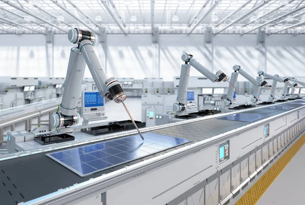 Industria Automazione Con Linea Assemblaggio Robot Rendering Nella Fabbrica Pannelli — Foto Stock