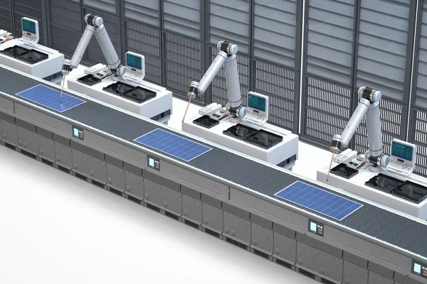 太阳能电池板厂三维渲染机器人装配线自动化行业 — 图库照片