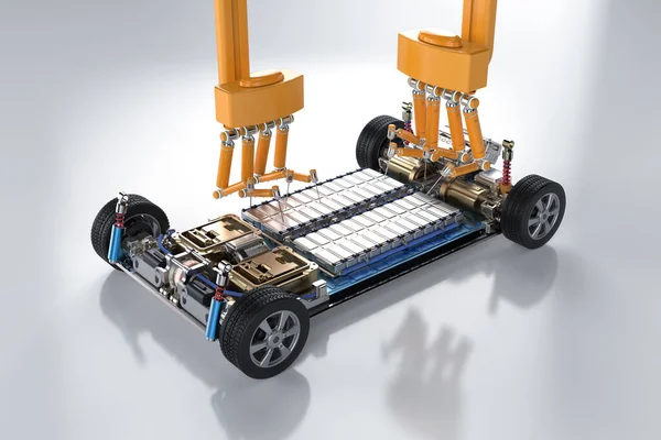 汽车制造厂 3D渲染机器人装配线制造Ev型汽车 — 图库照片