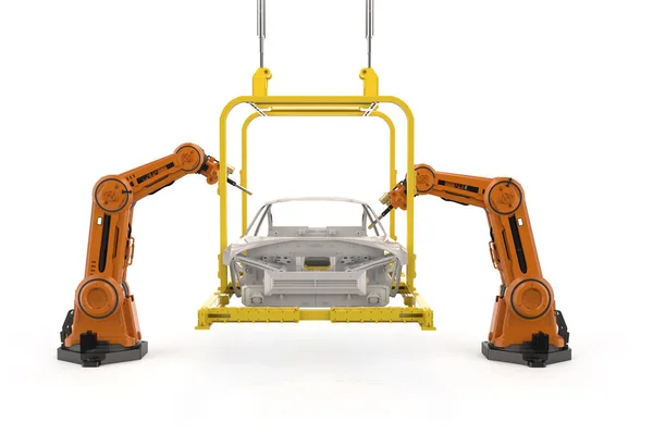 Boyutlu Robot Montaj Hattına Sahip Otomobil Fabrikası Beyaz Arka Planda — Stok fotoğraf