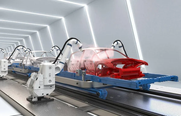 Automação Fábrica Automóveis Com Renderização Robô Linha Montagem Fabricação Carro — Fotografia de Stock