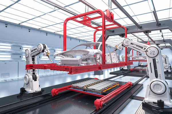 Automazione Fabbrica Automobili Con Rendering Robot Catena Montaggio Produzione Auto — Foto Stock