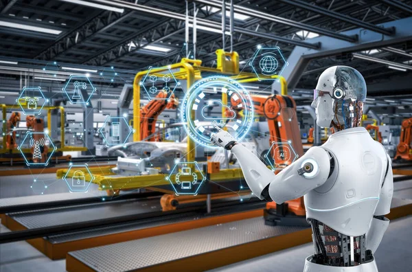 汽车制造厂三维渲染机器人装配线自动化汽车制造厂的概念 — 图库照片