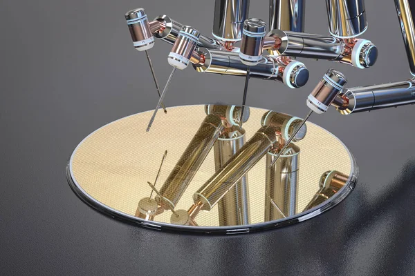 シリコンウエハーを用いた3Dレンダリングロボットアームを用いた半導体製造 — ストック写真