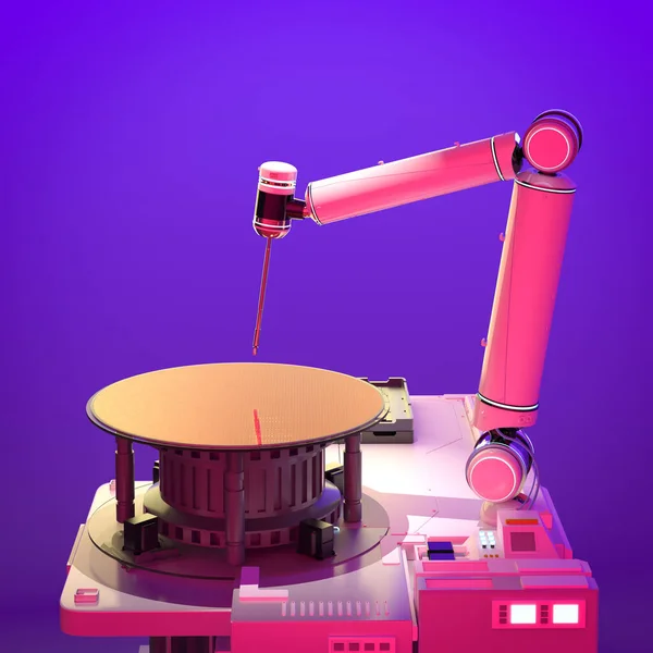 ネオンライトの背景にシリコンウェーハを搭載した3Dレンダリングロボットアームによる半導体製造 — ストック写真