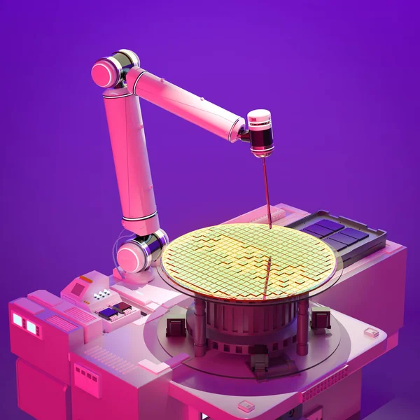 Produkcja Półprzewodników Robotami Renderującymi Płytkami Krzemowymi Neonowym Tle — Zdjęcie stockowe