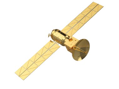 Güneş paneli beyaz zemin üzerinde izole edilmiş 3D altın uydu anten