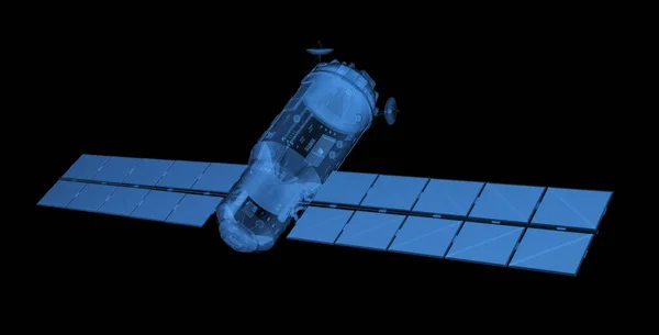 Rendering Satelliet Schotel Met Zonnepaneel Ray Scan Blauw Transparant Geïsoleerd — Stockfoto
