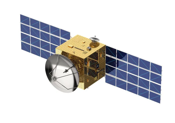Rendering Satelliet Schotel Met Zonnepaneel Geïsoleerd Witte Achtergrond — Stockfoto