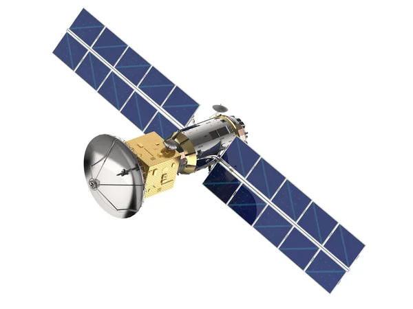 Rendering Satelliet Schotel Met Zonnepaneel Geïsoleerd Witte Achtergrond — Stockfoto