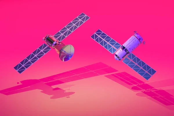 3d rendering satellite dish with solar panel on neon glow background