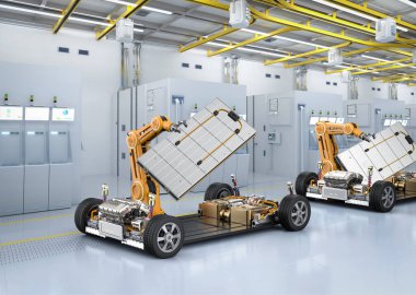Otomotiv otomobil fabrikası konsepti. Platformunda elektrikli araba aküsü modülü olan 3 boyutlu robot montaj hattı.