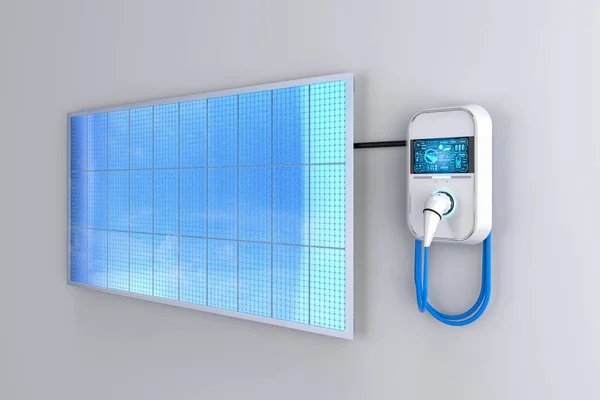 3D为环保目的 提供具太阳能电池板的电动汽车充电站或电动汽车充电站 — 图库照片