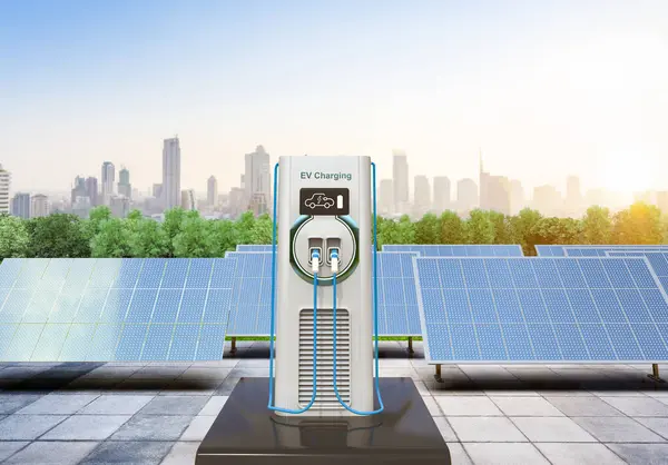3d rendering EV charging station or electric vehicle recharging station with solar panels for environment friendly