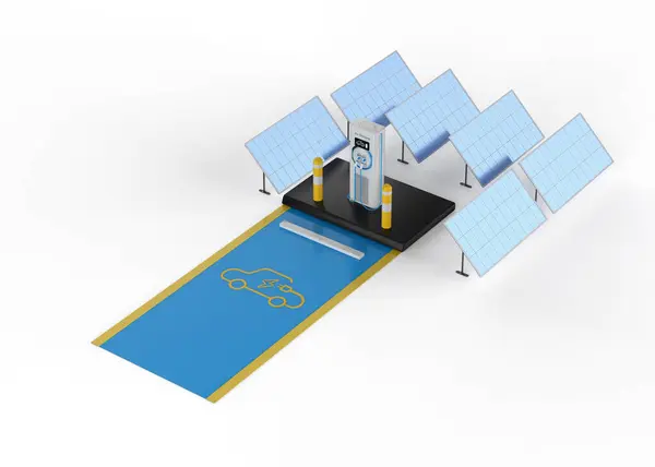 3D为环保目的 提供具太阳能电池板的电动汽车充电站或电动汽车充电站 — 图库照片