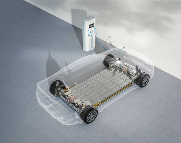 3d rendering transparent ev car or electric vehicle plug in with recharging station