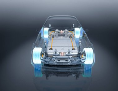 Platform üzerinde pil hücre modülü bulunan 3D elektrikli araba aküsü oluşturuluyor