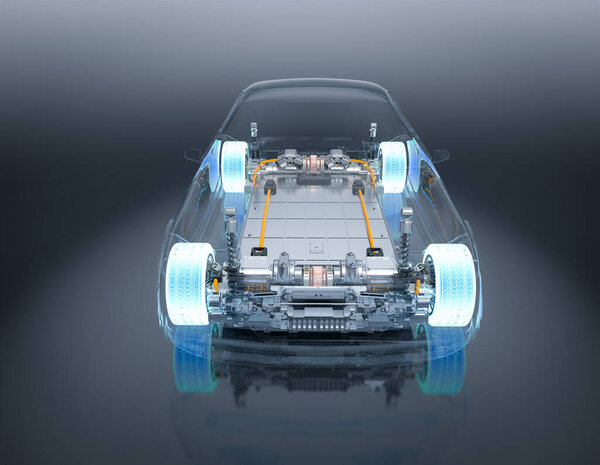 3d rendering electric car battery with pack of battery cells module on platform