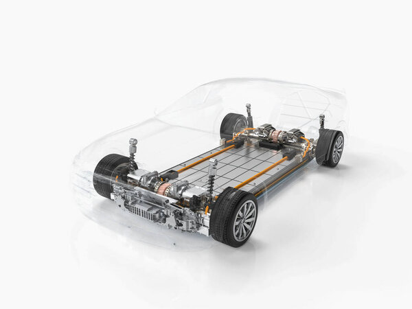 3d rendering electric car battery with pack of battery cells module on platform