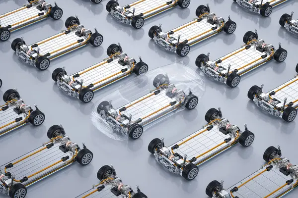 Rendering Electric Cars Assembly Line Pack Battery Cells Module Platform — Stock Photo, Image
