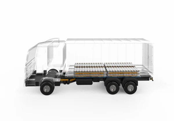 Rendering Logistik Anhänger Lkw Oder Elektrofahrzeug Lkw Mit Packung Batteriezellen — Stockfoto