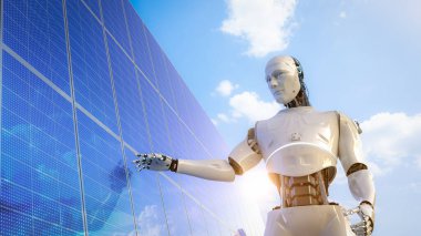 Akıllı enerji konsepti. Güneş panelleri ile çalışan robotlar.