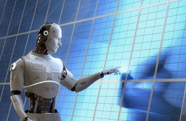 Akıllı enerji konsepti. Güneş panelleri ile çalışan robotlar.