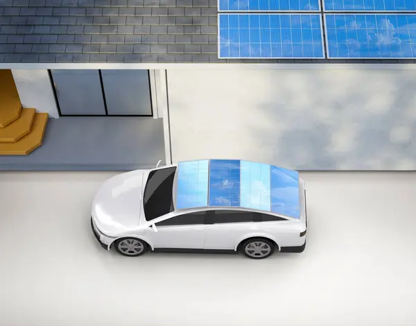 Rendering White Car Electric Vehicle Source Energy Solar Panel — Stock Photo, Image