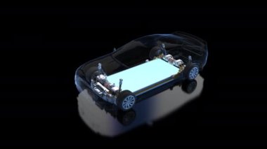 3D şeffaf elektrikli araba ve lityum iyon bataryası 4K spin görüntüsü.