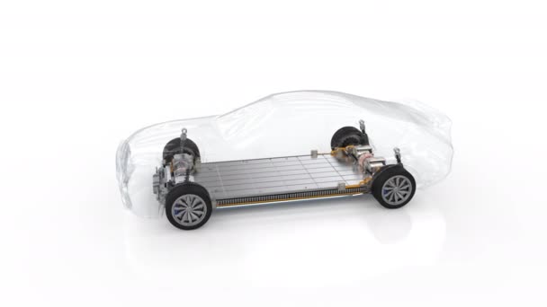 リチウムイオン電池スピン4K映像が付いている3Dレンダリングの透明な電気自動車 — ストック動画