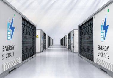 Fabrikadaki 3d enerji depolama sistemi veya pil konteynır birimleri grubu