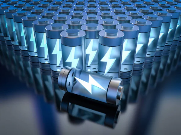 3d rendering group of li-ion or rechargeable batteries with bolt