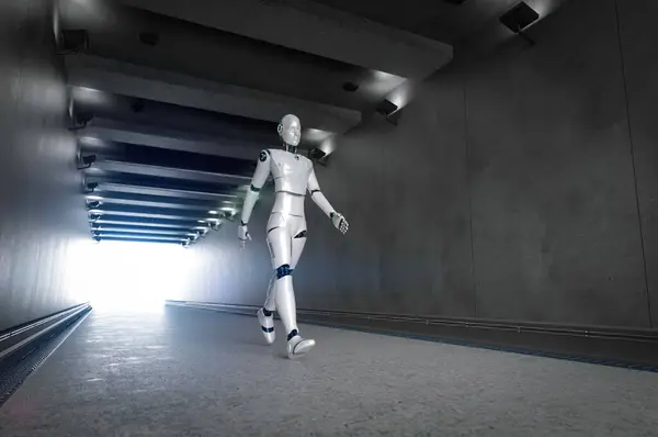 Sport science technology with 3d rendering assistant robot walking through stadium tunnel