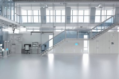 Makine, bilgisayar ekranı ve masaları olan 3D içerik ya da imalat fabrikası